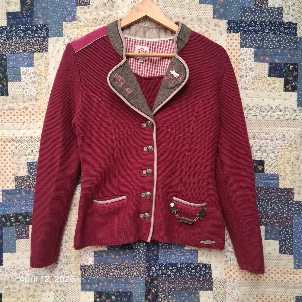 Spieth & Wensky Magenta Trachten Cardigan Sweater Jacket Size Medium Embroidered